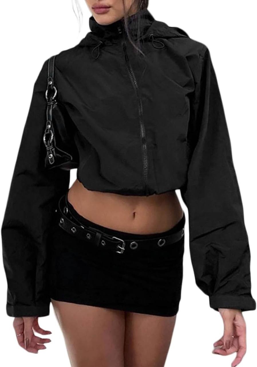 Allytok Womens Zip Up Hooded Cropped Jacket Y2K Trendy Crop Jackets with Pockets