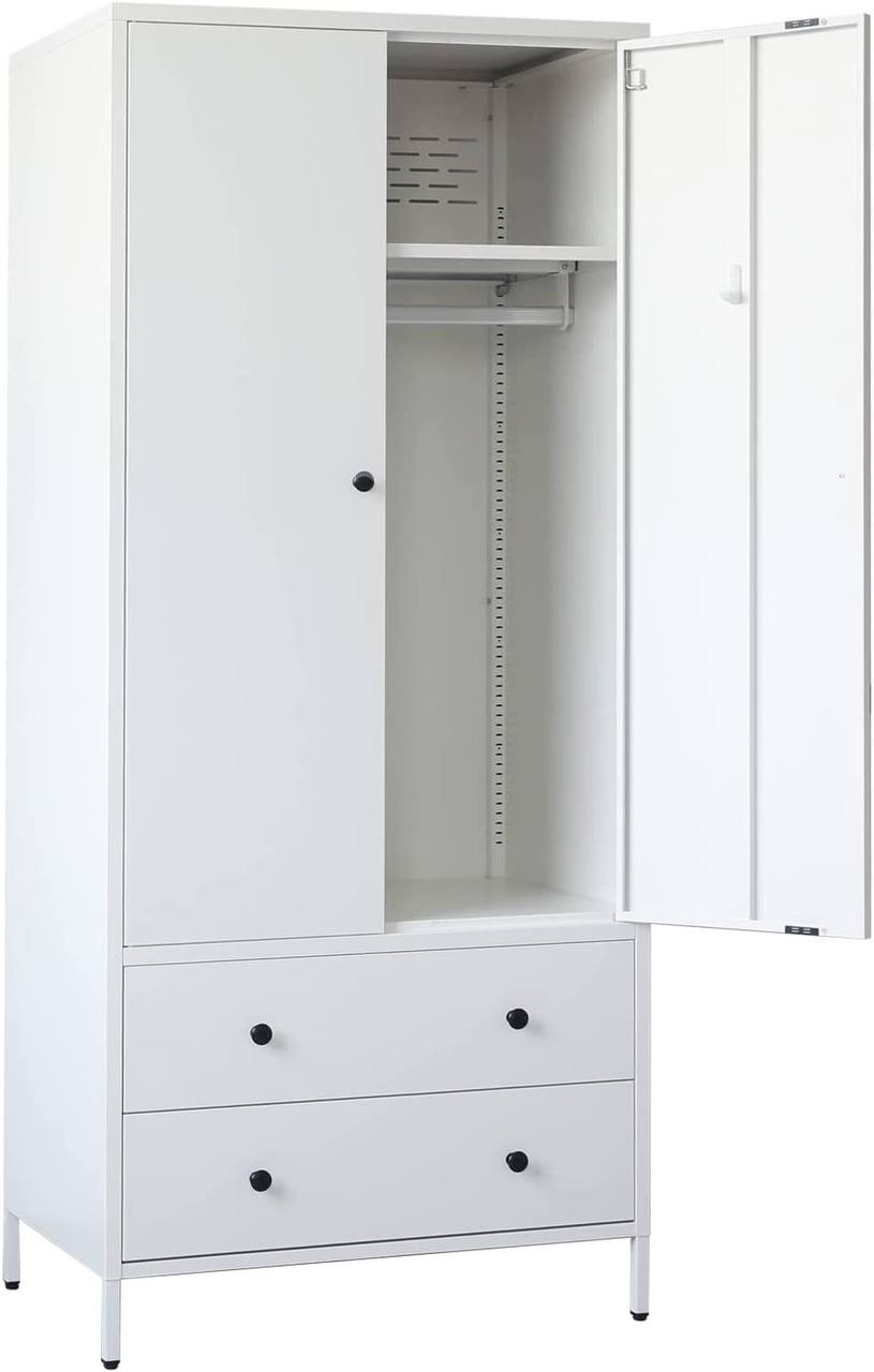 CJF Metal Storage Wardrobe with Hanging Rod， Armoire with 2 Doors and 2 Drawers，Steel Wardrobe Closet for Home， Office 74" H x 31.5" W x 20" D (White)