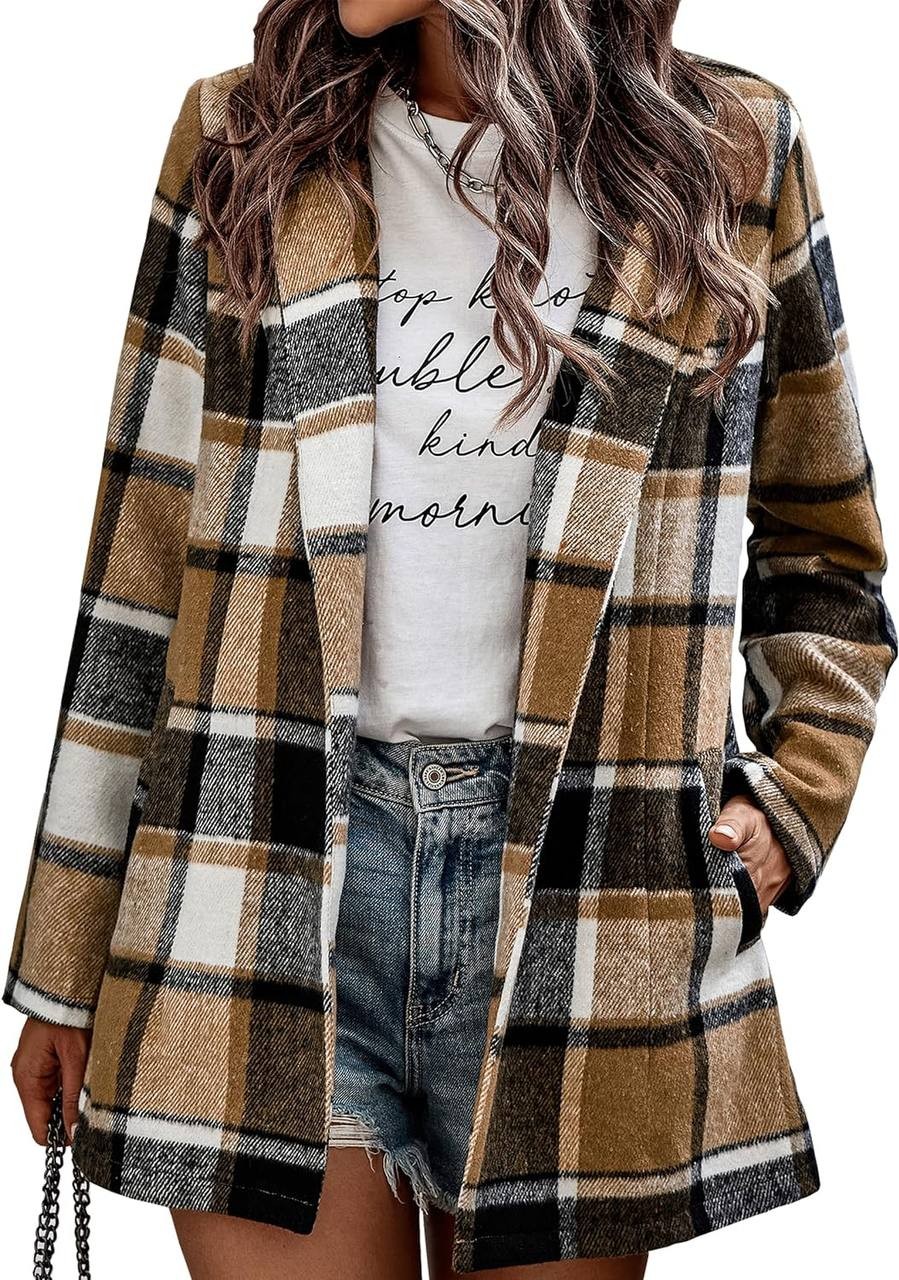 AOVDE Womens Plaid Shacket Jacket - 2023 Fall Winter Casual Lapel Long Sleeve Flannel Shirts Open Front Tartan Jackets Coat