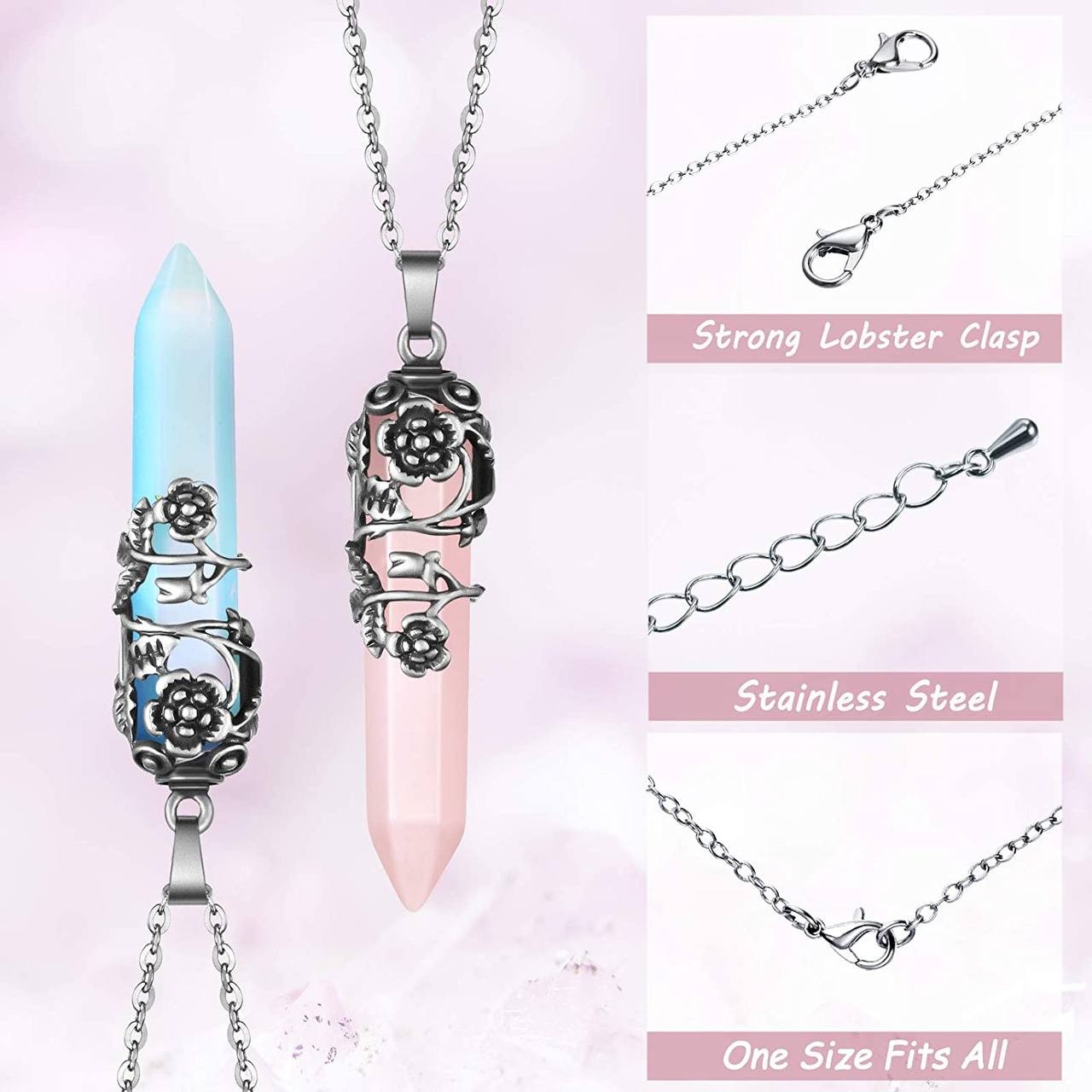 Hexagonal Healing Crystal Necklace Natural Prism Stone Pendant Flower Wrapped Pointed Quartz Yoga Energy with Chain