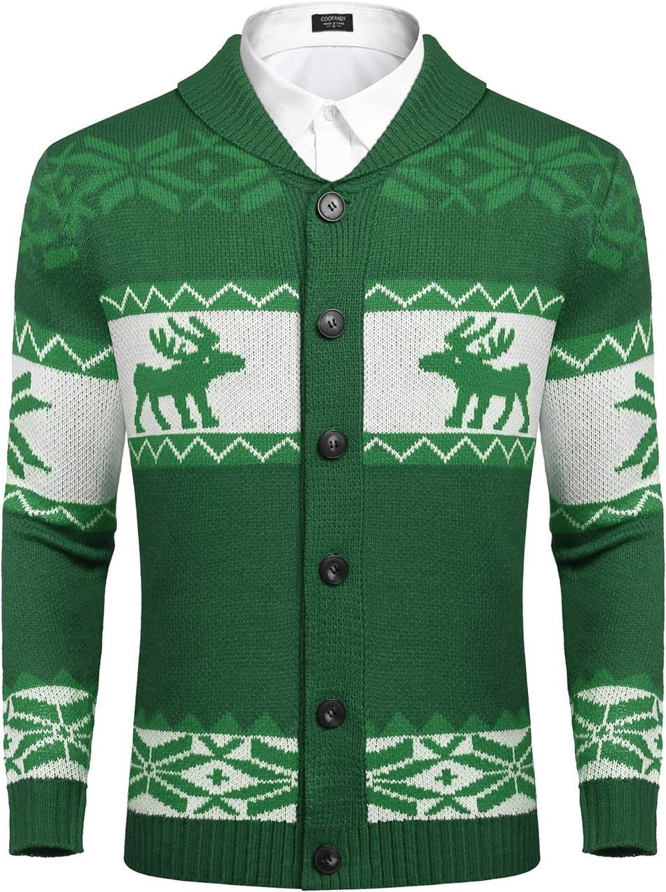 COOFANDY Men's Christmas Cardigans Ugly Xmas Sweaters Reindeer Snowflake Shawl Collar Knitted Cardigan Sweater