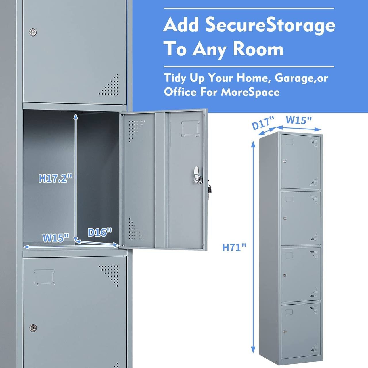 Yizosh Metal Locker for Gym， School， Office， 71" Metal Storage Locker Cabinets for Employees， Students Steel Lockers Four Tier with 4 Doors (Grey)