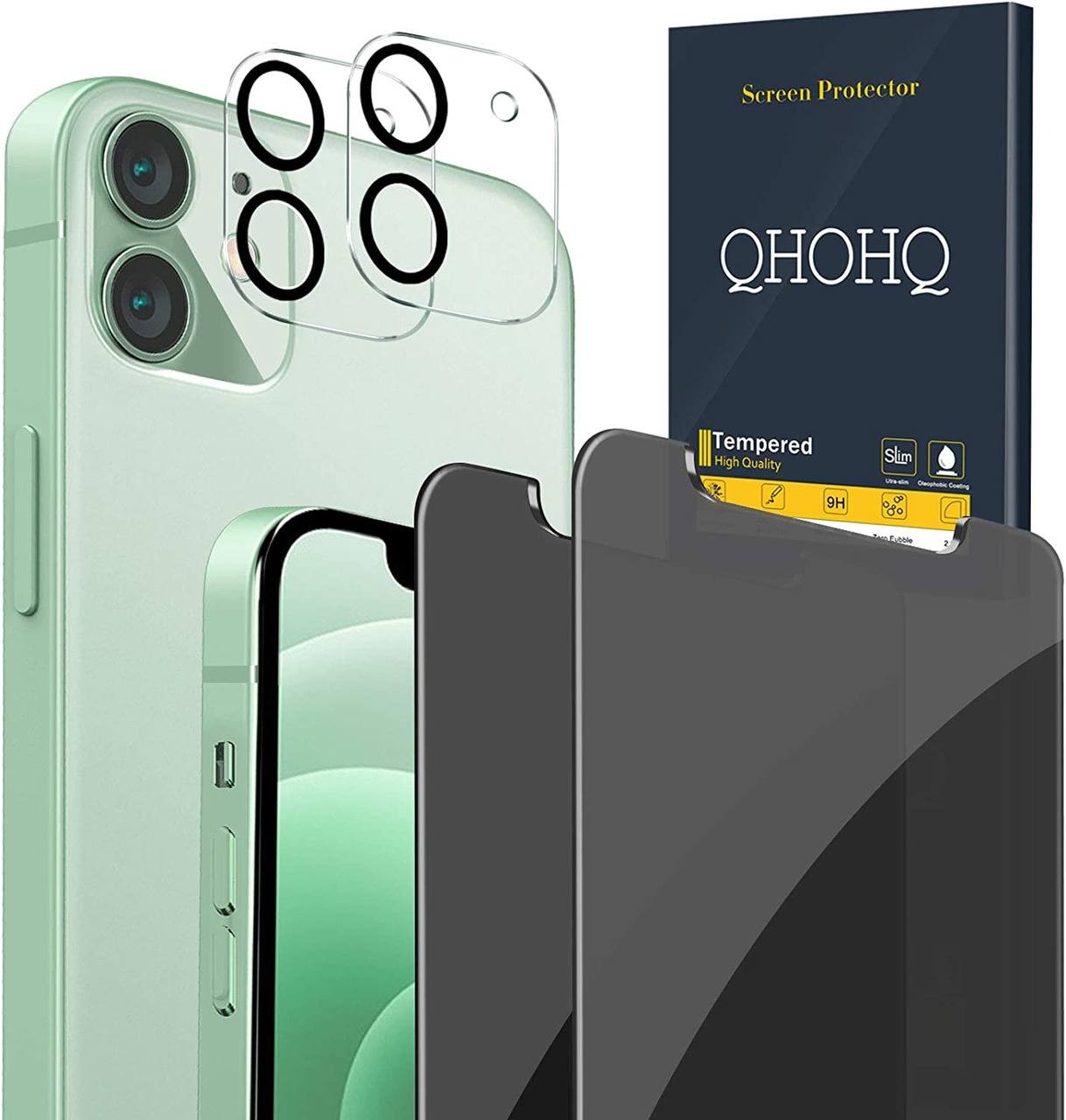 QHOHQ 2 Pack Privacy Screen Protector for iPhone 12 6.1" with 2 Packs Camera Lens Protector,Full Screen Tempered Glass Film,9H Hardness Anti-Shatter, Anti Spy, Touch Sensitive - Case Friendly