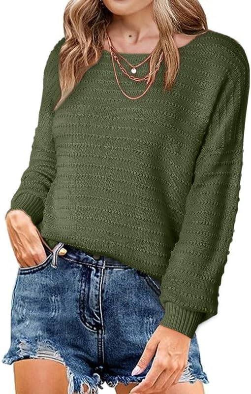 Dokotoo Womens Ribbed Knit Textured Drop Shoulder Long Sleeve Crew Neck Pullover Sweaters