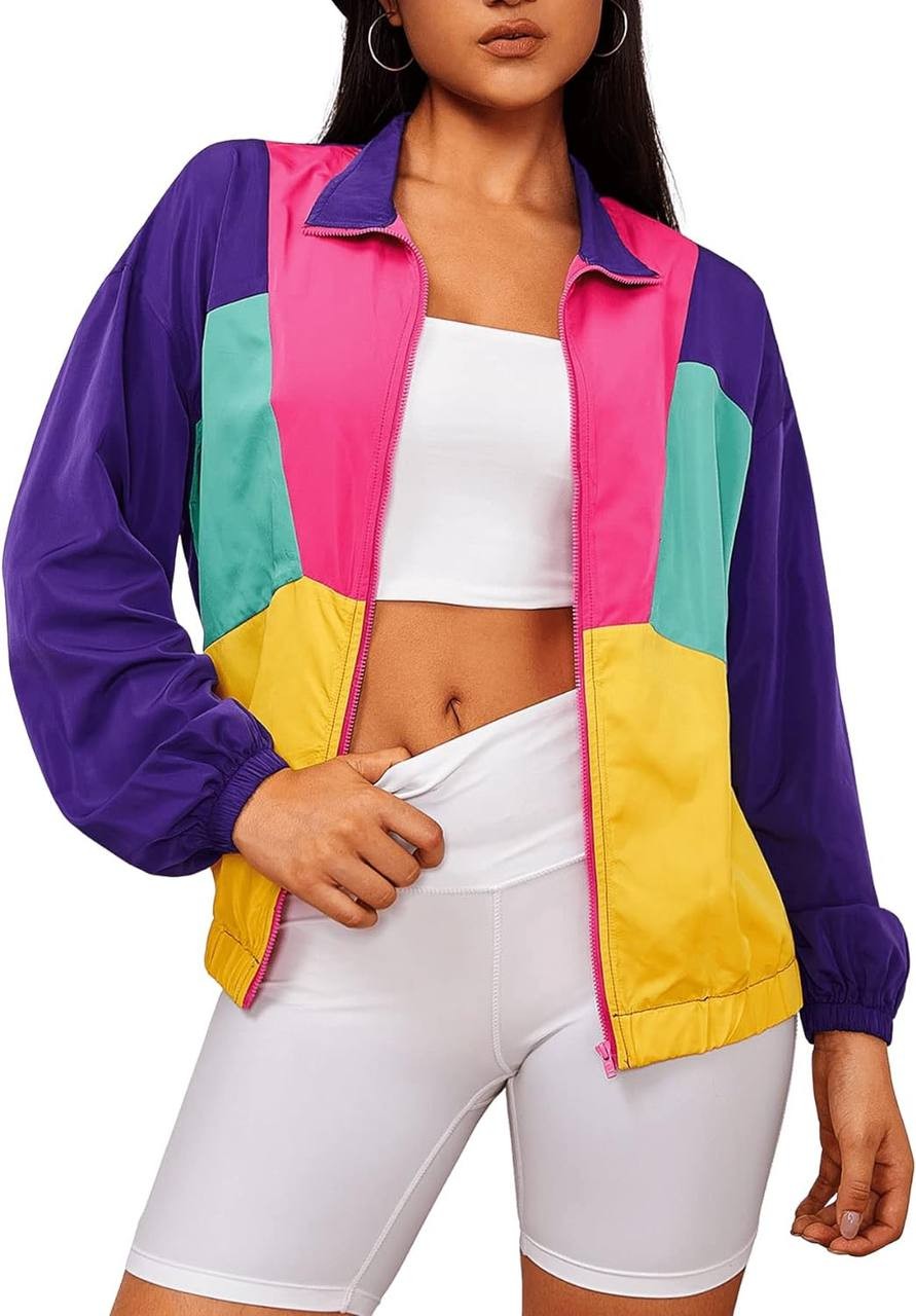 Verdusa Women's Colorblock Zip Up Long Sleeve Collar Windbreaker Jacket Coat