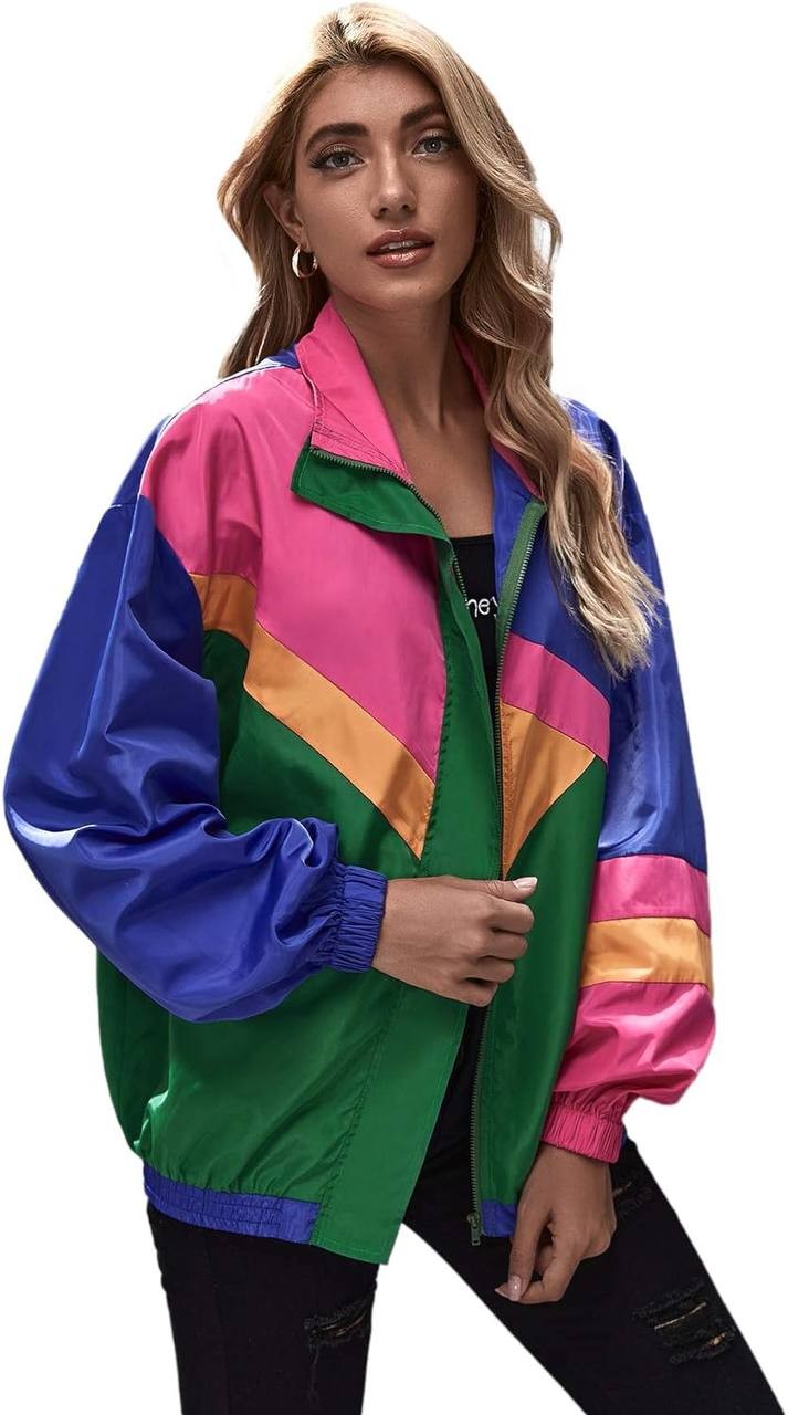 SweatyRocks Women's Zip Up Color Block Lightweight Jacket Patchwork Sport Windbreaker Jacket Coat Outerwear