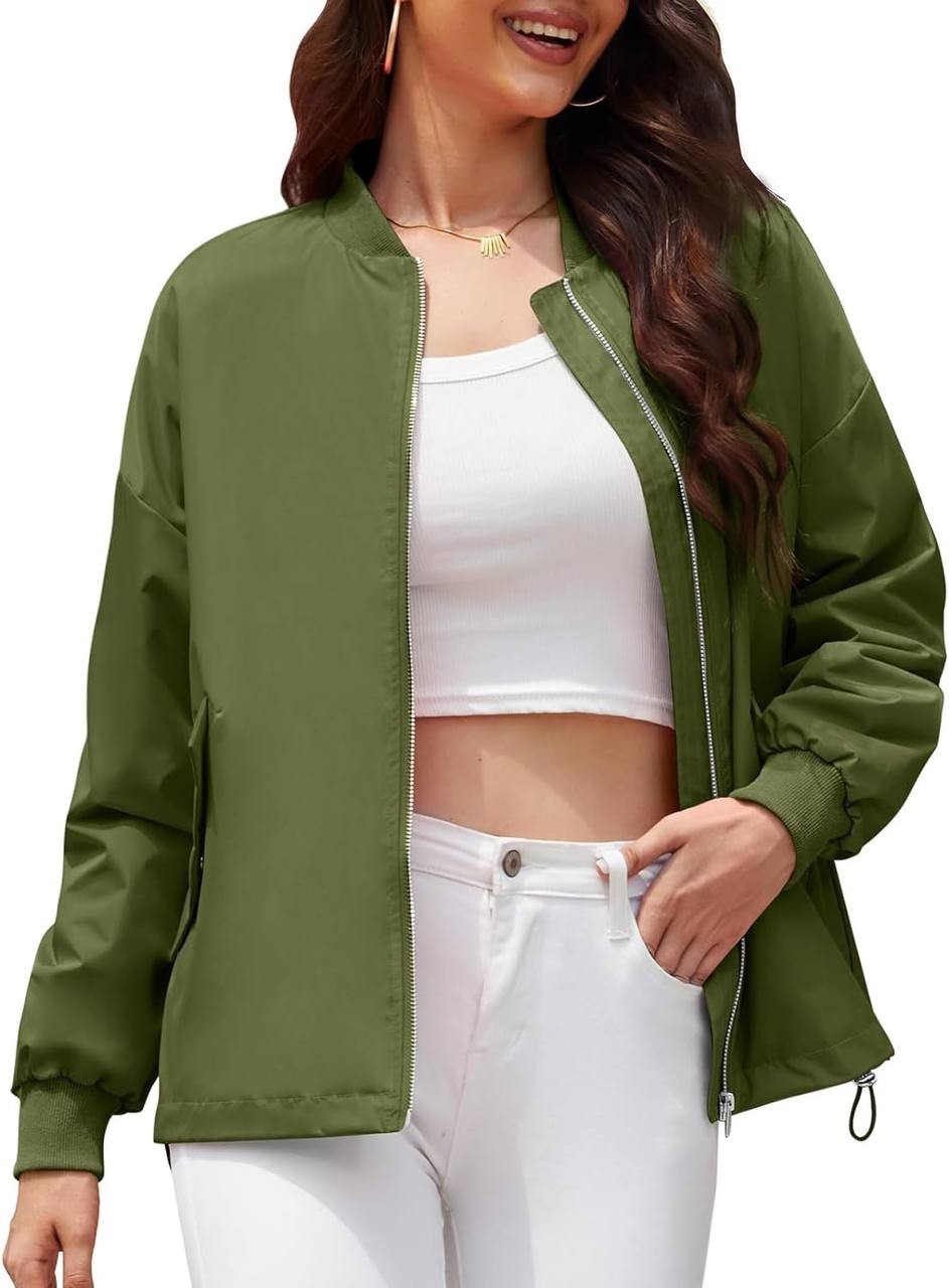 SMARSHEET TL Womens Bomber Jacket Casual Oversized Fall Lightweight Zip Up Windbreaker Coat with Pockets Utility Outwear