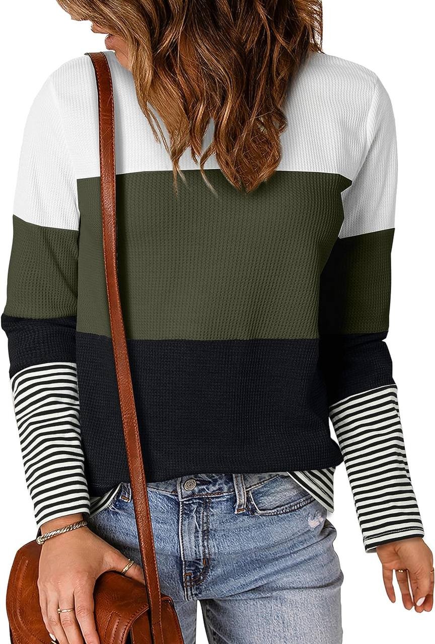 Dokotoo Womens Fashion 2023 Sweaters Casual Long Sleeve Crewneck Color Block Patchwork Pullover Waffle Knit Sweater Tops