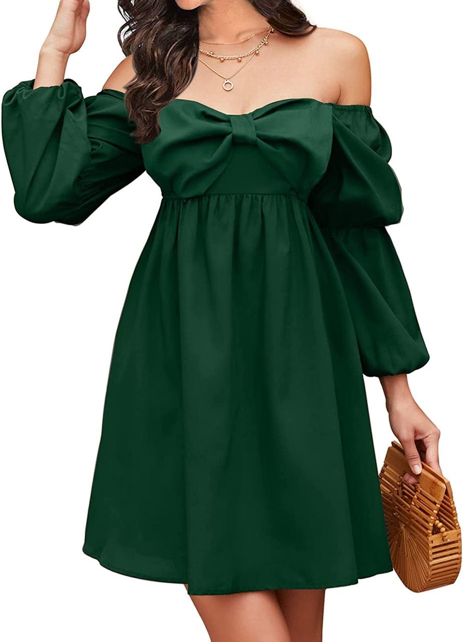 EXLURA Womens Summer Casual Wedding Guest Dress Square Bow Neck Long Puff Sleeve Dress Empire Waist Babydoll Mini Dress