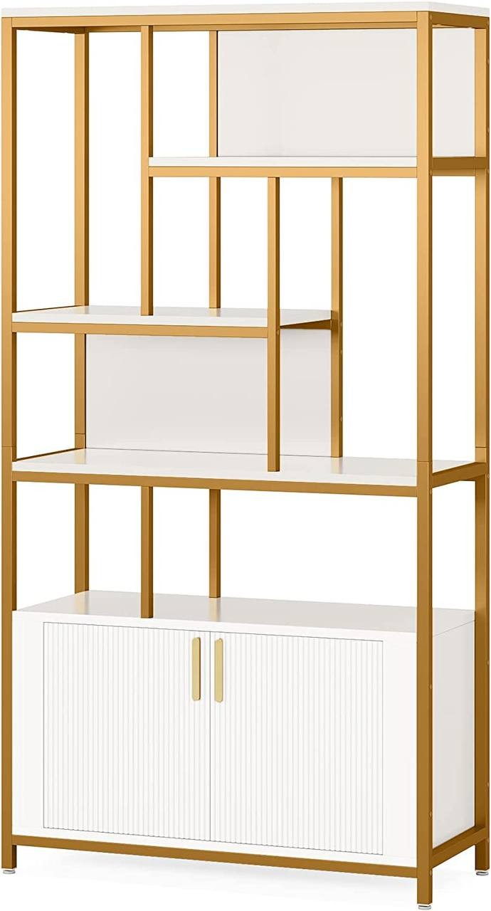 Tribesigns White Bookshelf with Doors， 70.86" Tall Etagere Bookcase with Storage Cabinet， Free-Standing Modern Gold Display Rack Shelves for Bedroom Living Room Office (White and Gold)