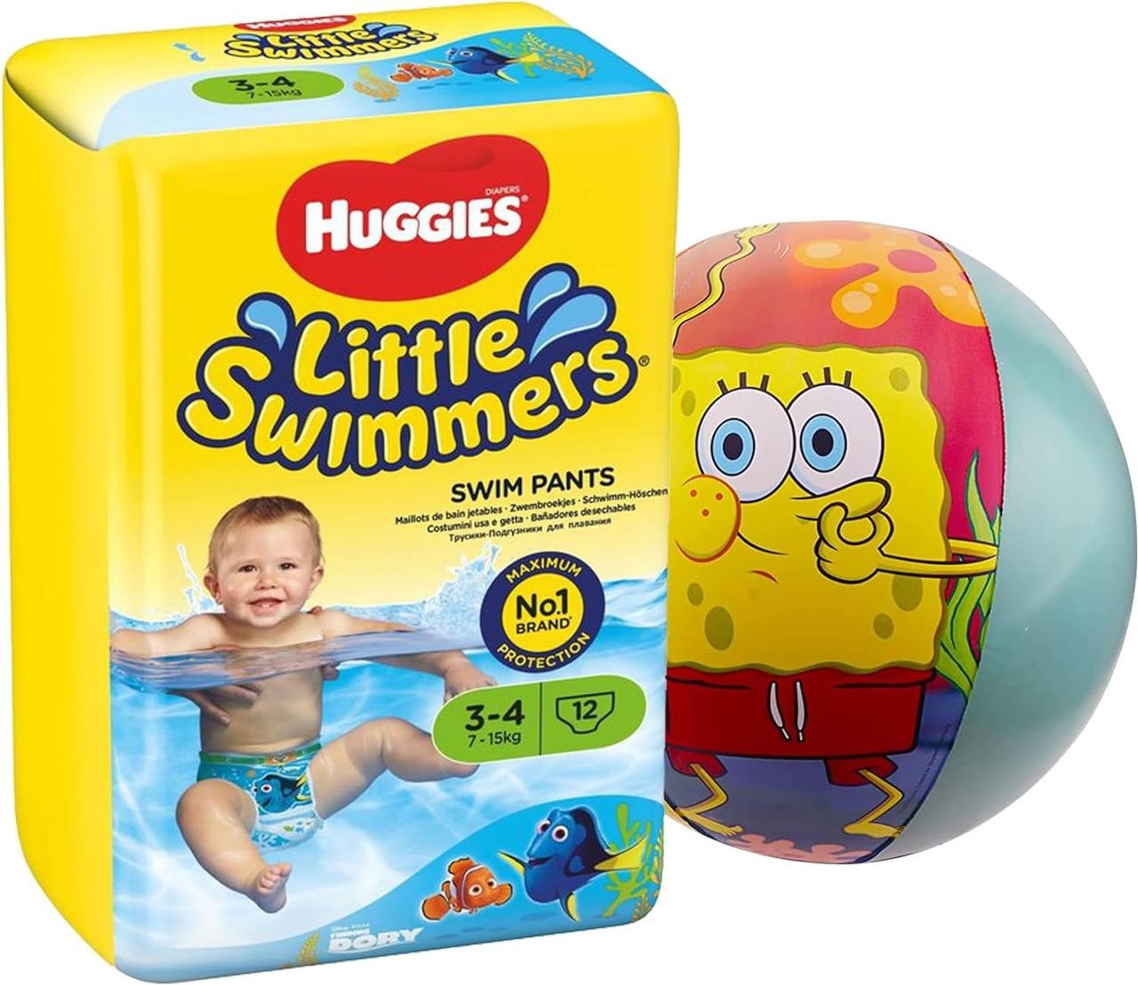 Little Swimmers Disposable Swim Diapers, Size Small 3-4 (15lb-33lb.) Absorbent and Adjustable Swim Nappies for Baby, Toddler, Girls, Boys, 12 Swimming Pants Plus Bonus Spongebob Swim Ring
