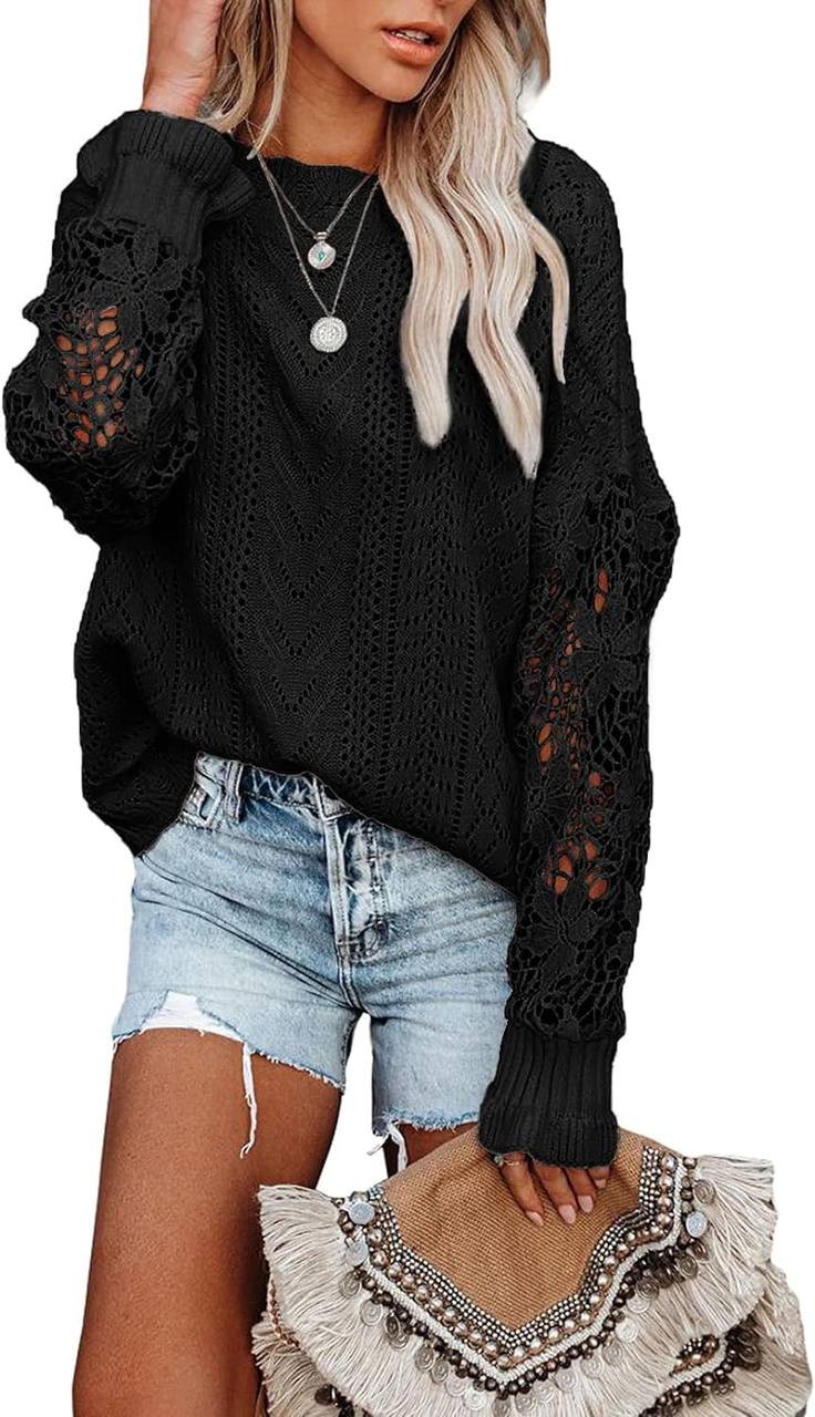 BTFBM Long Sleeve Hollow Out Sweater Casual Cute Crochet Lace Pointelle Knit Pullover Crew Neck Loose Blouses for Women