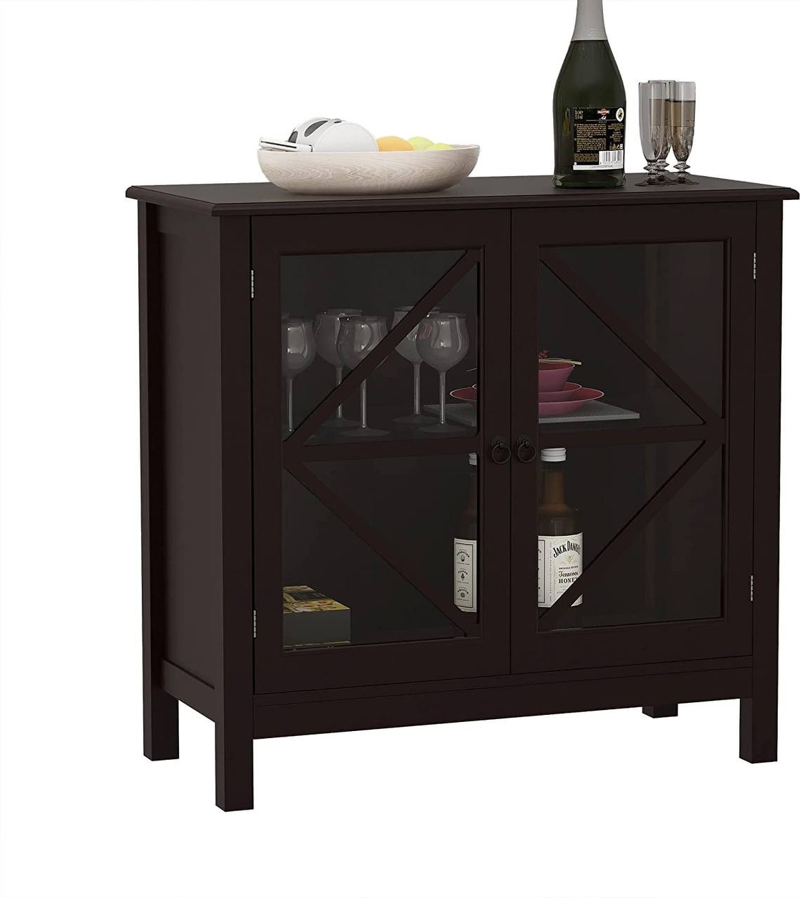 CNPRAZ has a Two -Layer Glass Door Kitchen Cabinet, Locker, Dining Table, Multi -Functional Cabinet, Rural Style, Sufficient Storage Space (Brown)