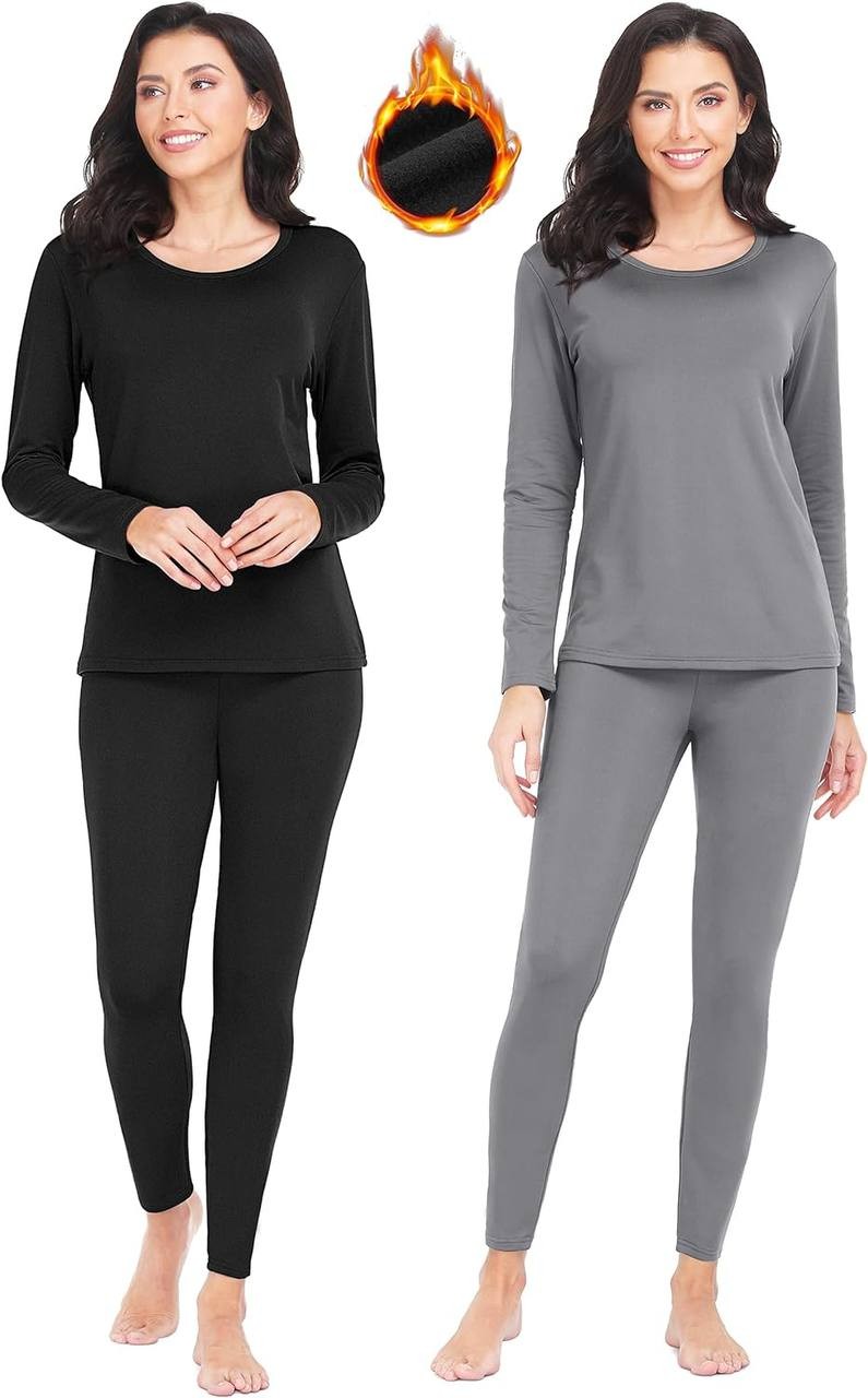 URATOT 2 Sets Women’s Thermal Underwear Set Fleece Lined Thermal Underwear Soft Long Top Bottom Set for Women Cold Winter