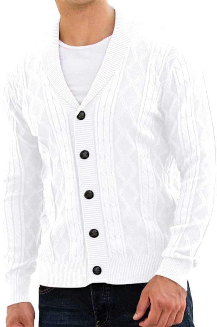 ZIWOCH Men's Cable Knit Cardigan Sweater Shawl Collar Buttons Down Long Sleeve Casual Cardigans