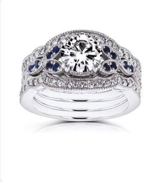Kobelli Antique Style Forever One (D-F) Moissanite and Blue Sapphire 3 Piece Bri
