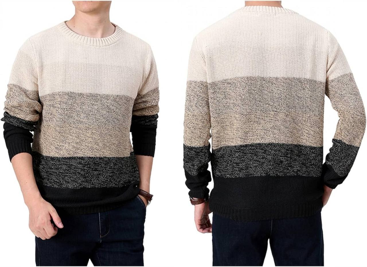 Granfee Mens Fashion Crewneck Color Block Sweater Soft Thermal Striped Pullover Sweaters