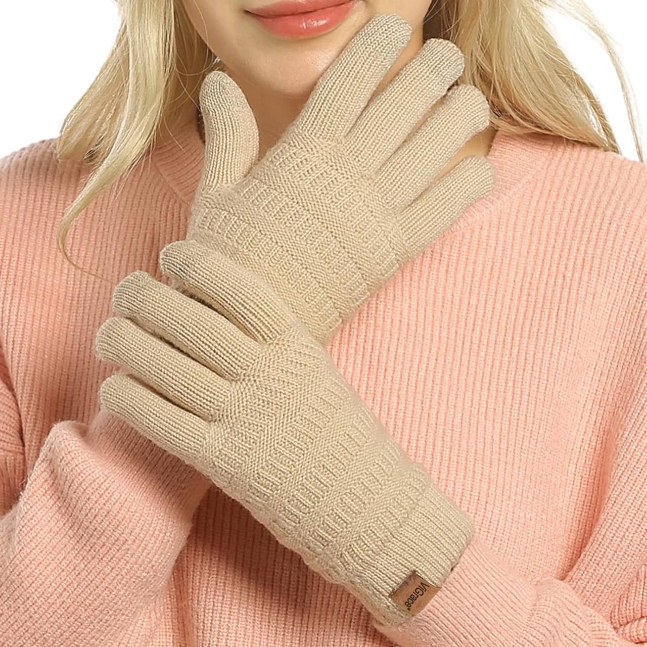 ViGrace Womens Winter Touchscreen Gloves Cable Knit Warm Lined 3 Fingers Dual-layer Touch Screen Texting Thermal Glove