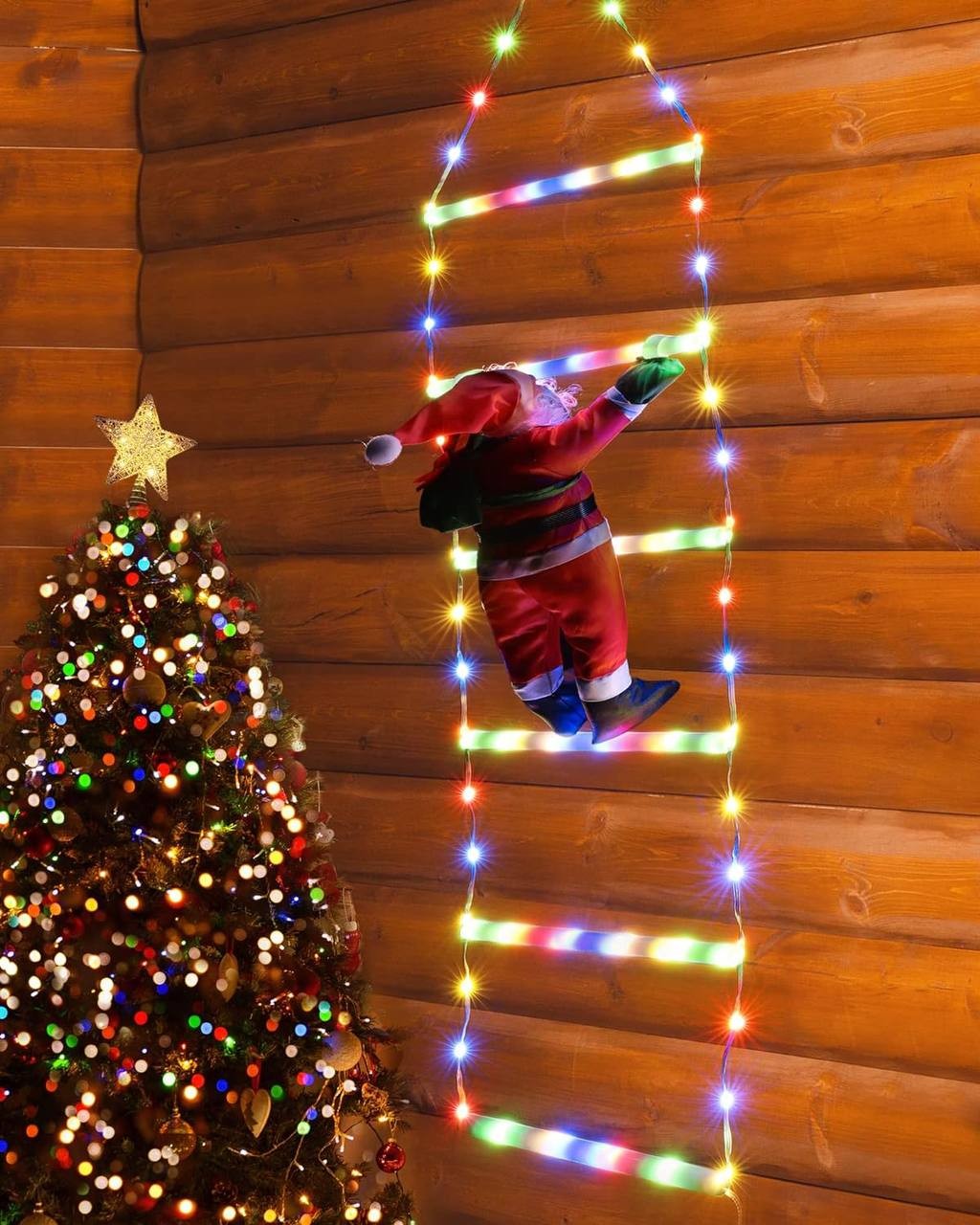 Joedoes Christmas Decorations LED Ladder Lights with Climbing Santa Claus - Outdoor Christmas Decorative Lights - 75CM, Multicolor