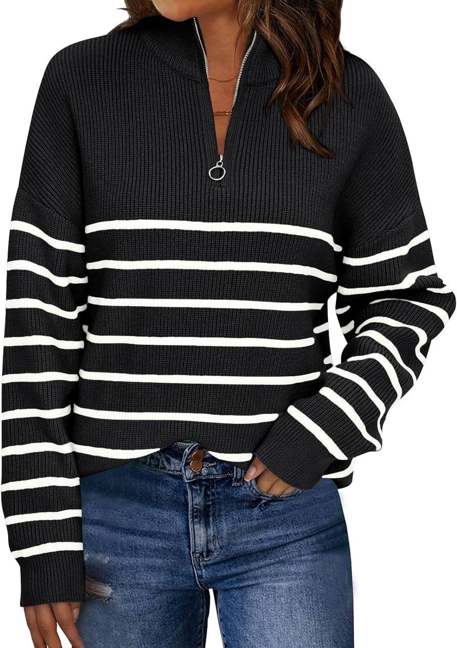 LILLUSORY Women's Fall Striped Oversized 2023 Pullovers Sweaters Half Zipper Casual Knit Tops