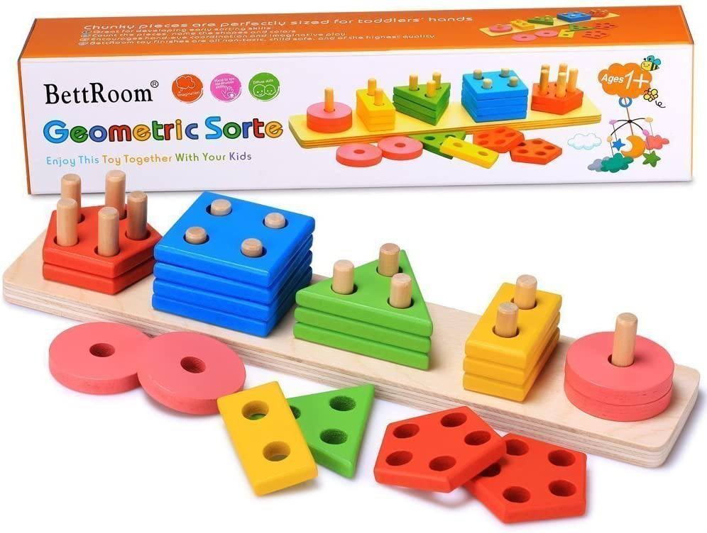 BettRoom Wooden Educational Preschool Toddler Toys for 3 4-5 Year Old Boys Girls Shape Color Recognition Geometric Board Blocks Stack Sort Kids Children Non-Toxic Toy(14IN)