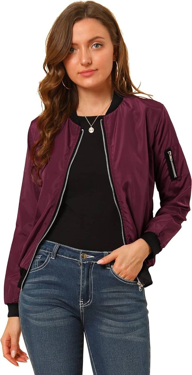 Allegra K Women's Windbreaker Outerwear with Pockets Casual Lightweight Zip Up Bomber Jacket