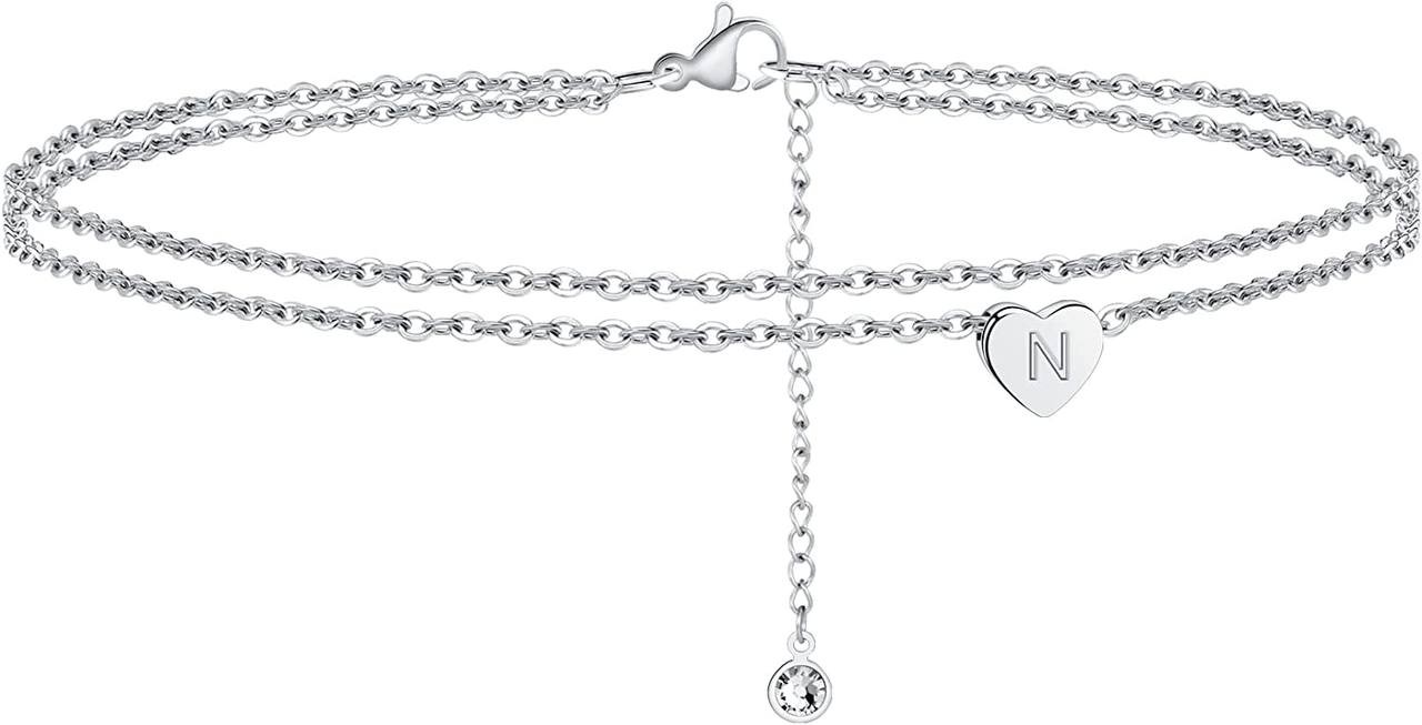 Turandoss Silver Heart Initial Ankle Bracelets for Women, 14K White Gold Filled Handmade Dainty Layered Silver Anklet Letter Initial Heart Ankle Bracelets for Women Silver Summer Foot Beach Jewelry