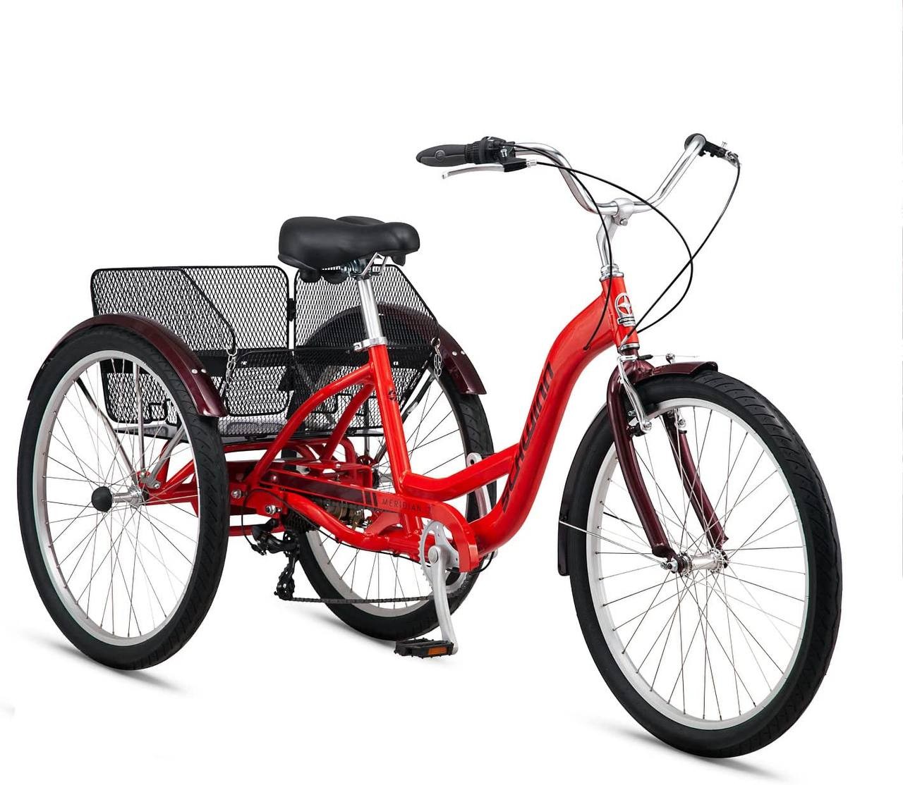 Schwinn Meridian Adult Trike, Three Wheel Cruiser Bike, 7-Speed, 26-Inch Wheels, Cargo Basket, Red
