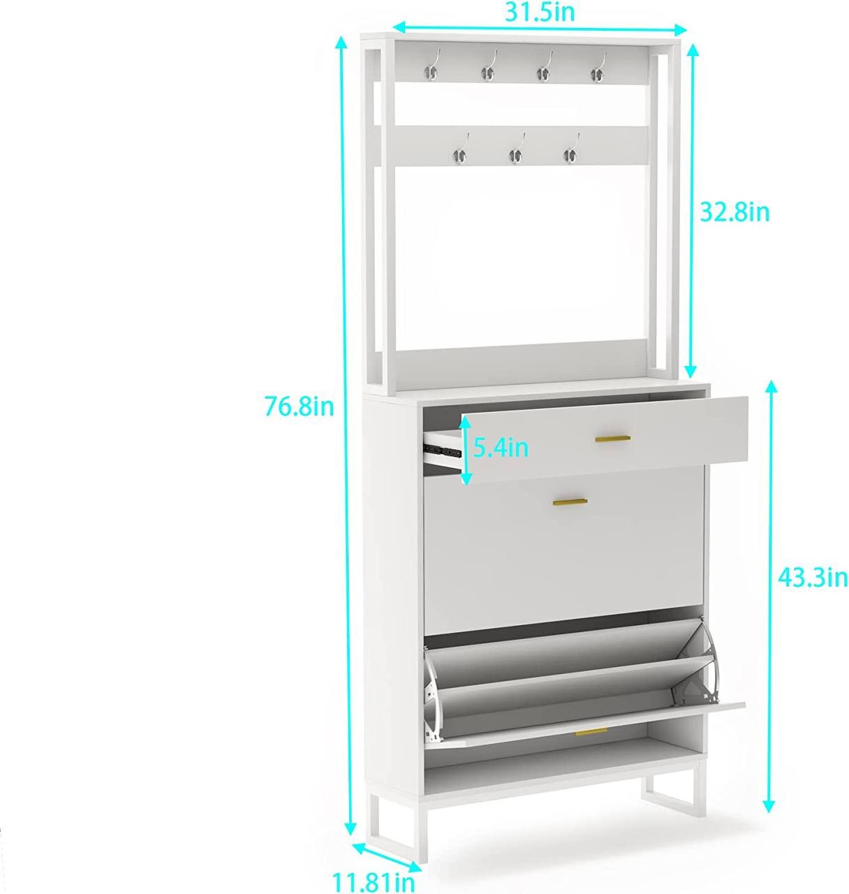 PAKASEPT Shoe Storage Cabinet， 4-Tier Shoe Rack Organizer with Drawers &amp; Coat Racks， Freestanding Shoe Rack Storage Organizer with Flip Door， Shoe Rack for Entryway， Bedroom， Hallway， White